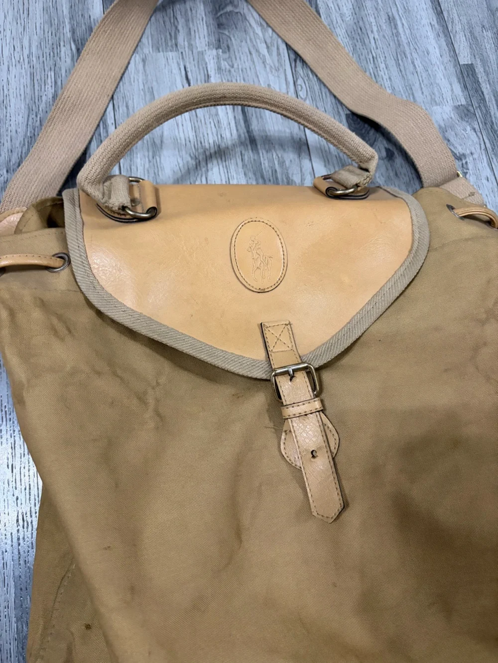 Polo by Ralph Lauren Tan Canvas Tote with Leather Flap and Trim